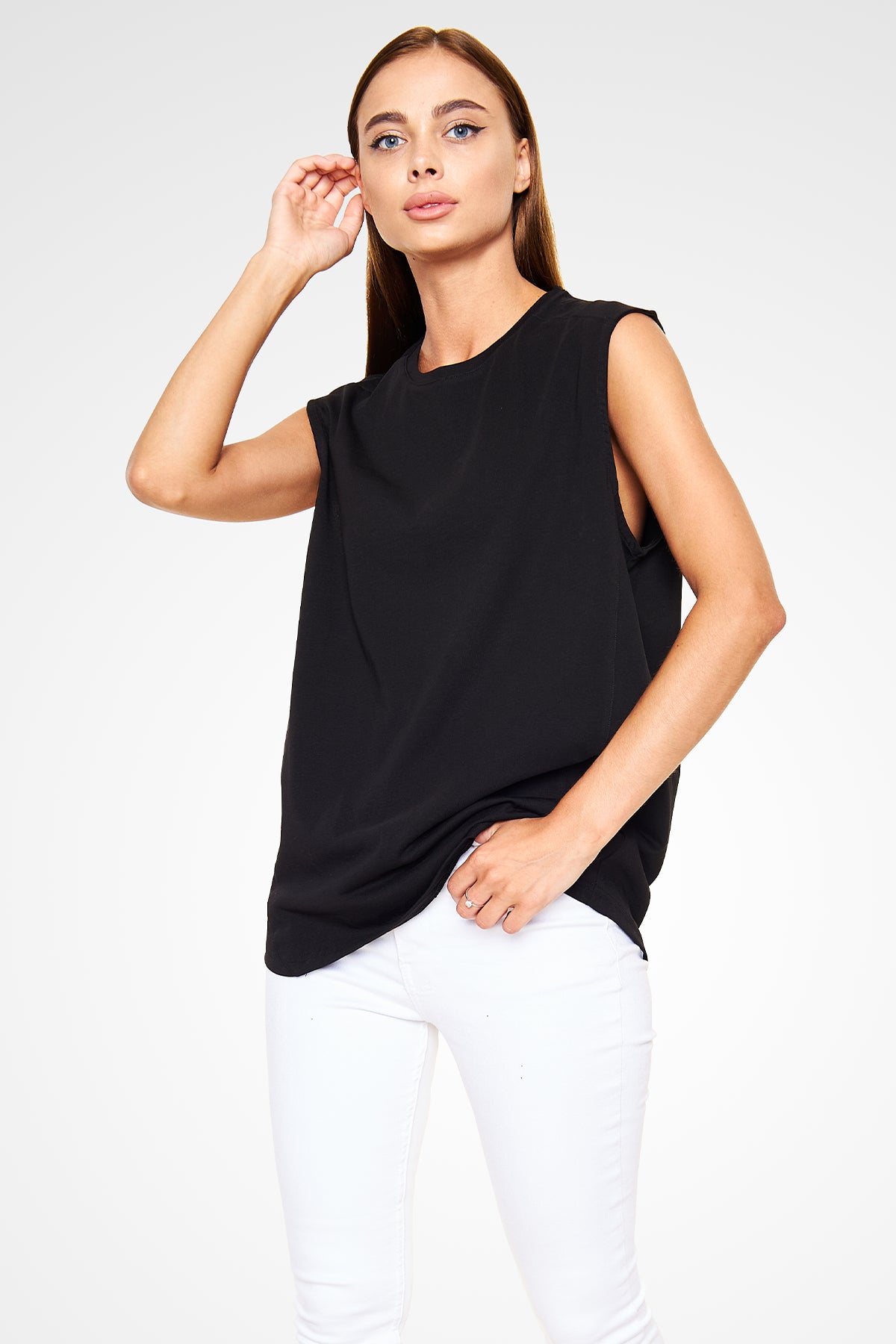 Unisex Regular Siyah Kolsuz - Kesik Kol T-Shirt